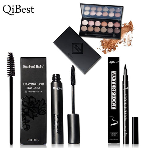 QiBest Mascara + Eyeliner + 12 Color Eyeshadow + Eyelash Makeup Brush Cosmetics Eyes Makeup Beauty Combination Set