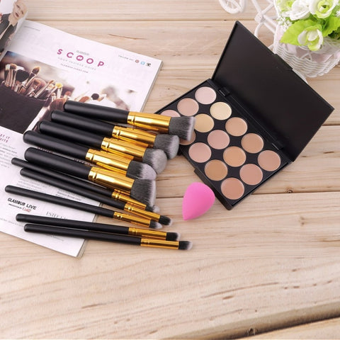 15 Colors Concealer Contour Palette + 10pcs/8pcs Eye Makeup Brushes Tools + Sponge Puff Cosmetics Make Up Tool Kit