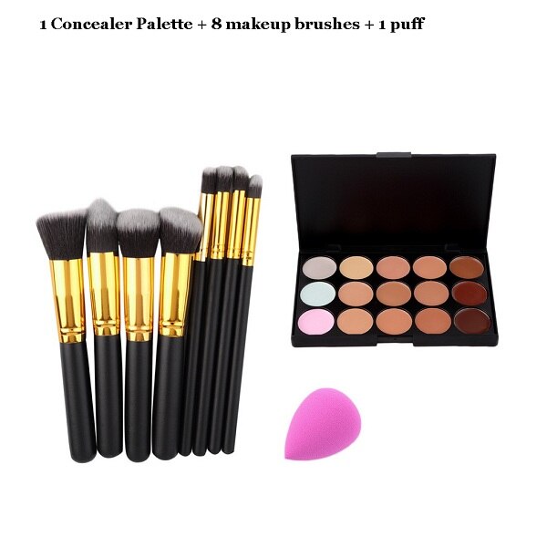 15 Colors Concealer Contour Palette + 10pcs/8pcs Eye Makeup Brushes Tools + Sponge Puff Cosmetics Make Up Tool Kit