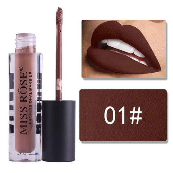 MISS ROSE Makeup 12 Color Matte Lip Gloss Transparent Tube Matte Black Cover
