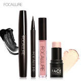 FOCALLURE Pro 4Pcs Daily Use Makeup Big Volum Mascara Eyeliner Highlighter Bronzer Sticker with Liquid Lipstick