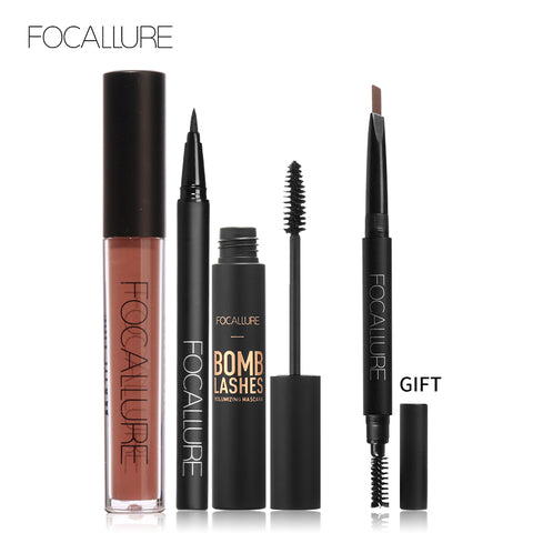 Buy 3 Get 1 Gfit FOCALLURE Black Color Mascara Liquid Eyeliner Pencil Matte Liquid Lipstick with Eyebrow