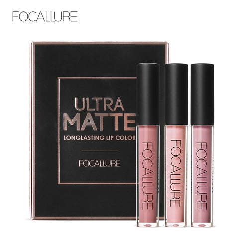 FOCALURE 3Pcs Long-lasting Lip Colors Makeup Waterproof Tint Lip Gloss Red Velvet Ultra Nude Matte Lipstick Colourful