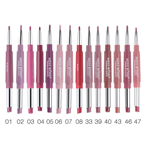 Miss Rose Brand 14 Colors Lipstick+Lipliner Pencil Dual Velvet Matte Batom Waterproof Nude Lip Liner Long-wearing Makeup Tool