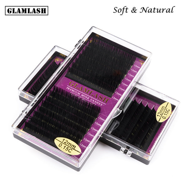 GLAMLASH Wholesale 16Rows JBCD Curl natural mink single eyelash extension premium individual fake false eye lashes extension